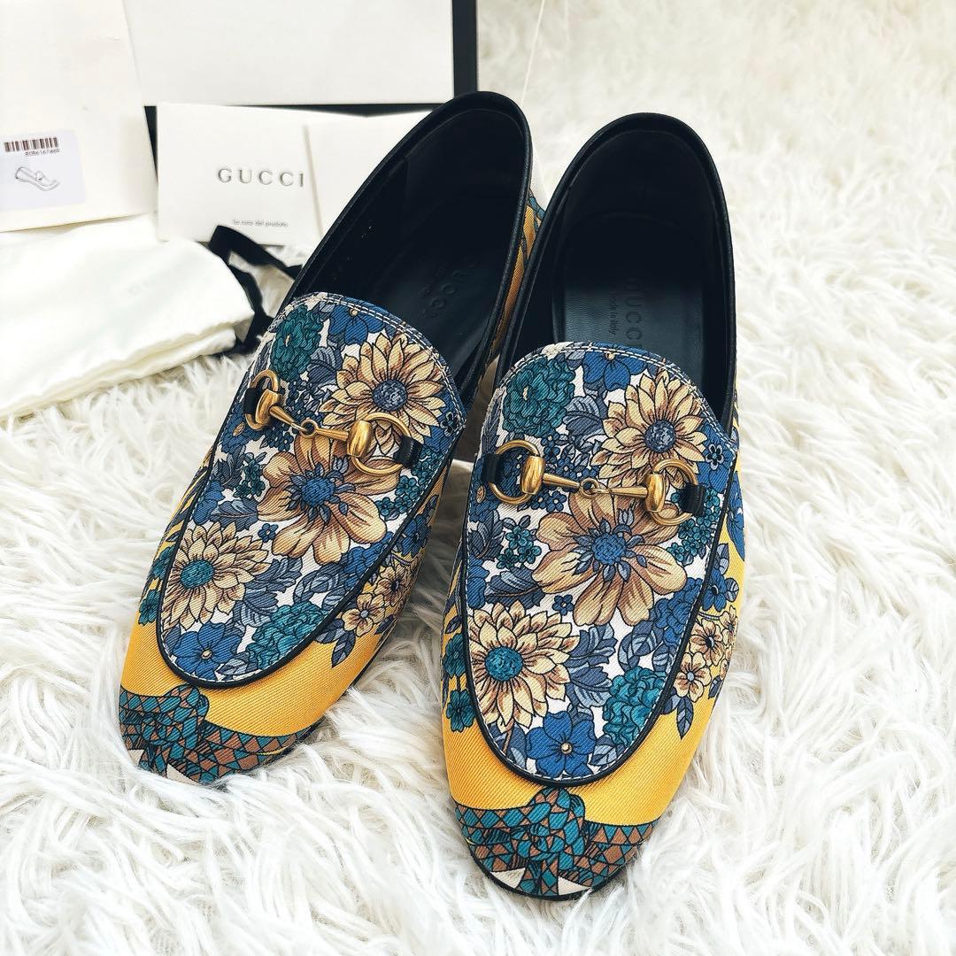 GUCCI フラワープリント　ローファー　総柄　ブルー　イエロー　36ハーフ