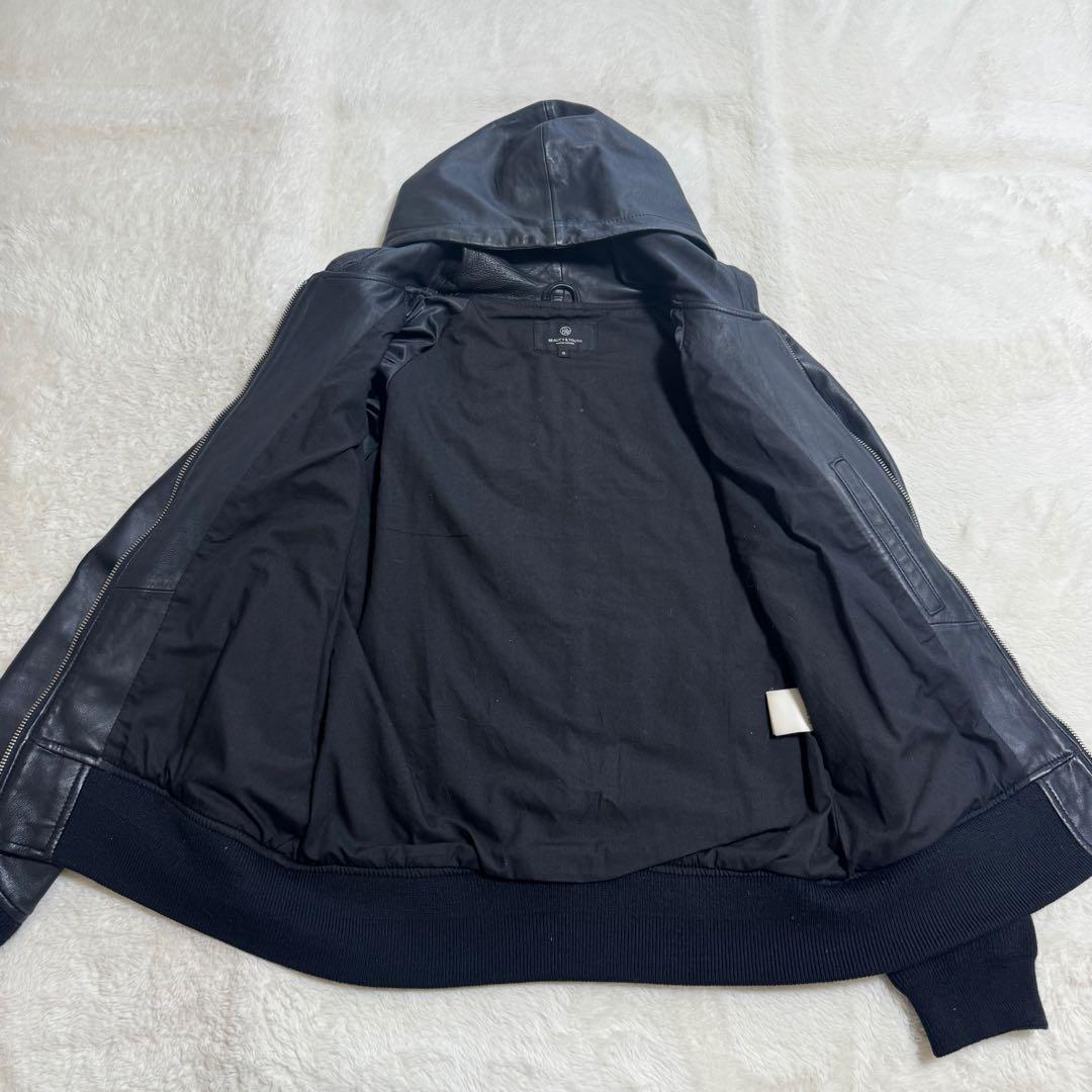 美品ユナイテッドアローズ羊革フーテッドレザーライダースジャケットSブラック