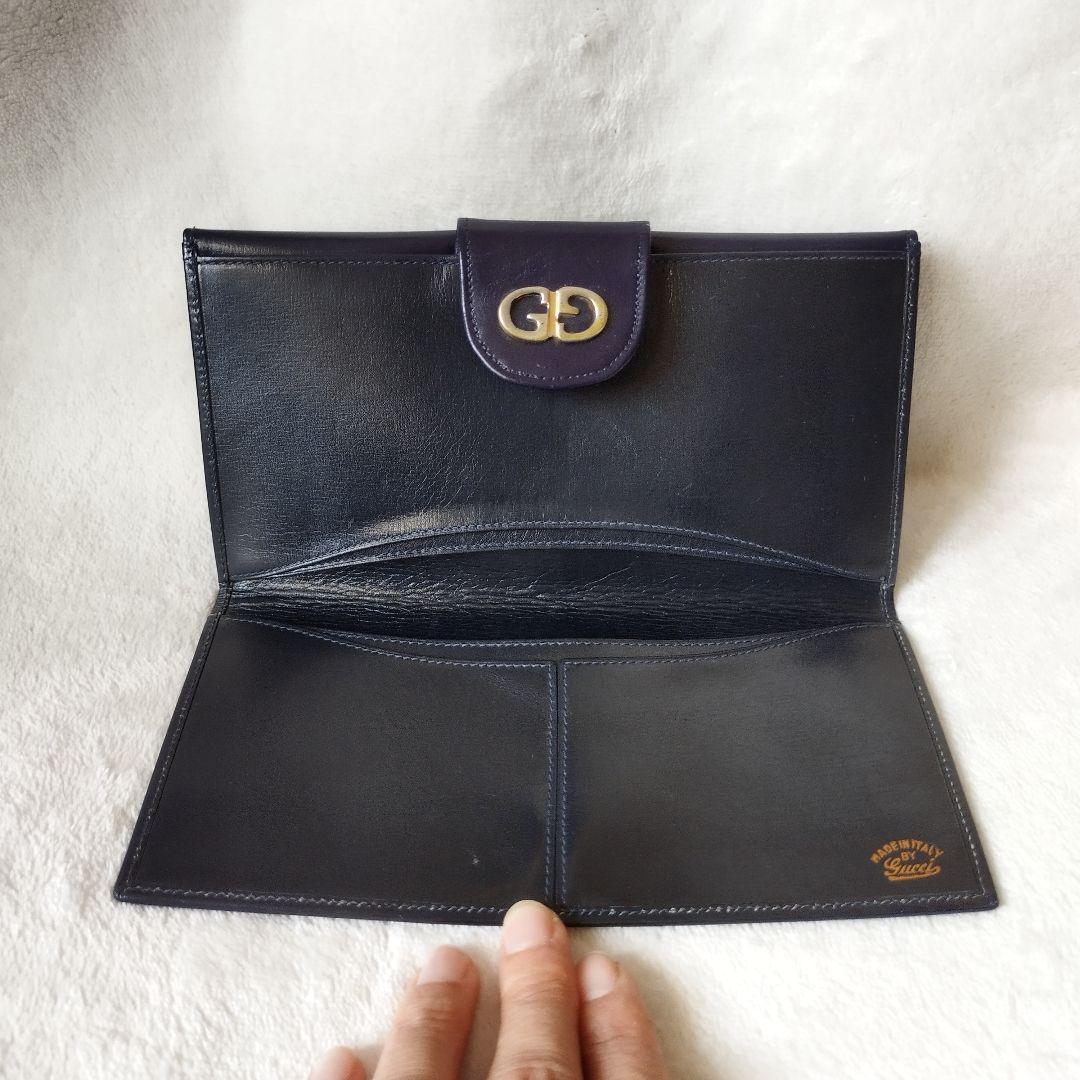【希少/美品】オールドグッチ 長財布 シェリーライン ネイビー レザー GG