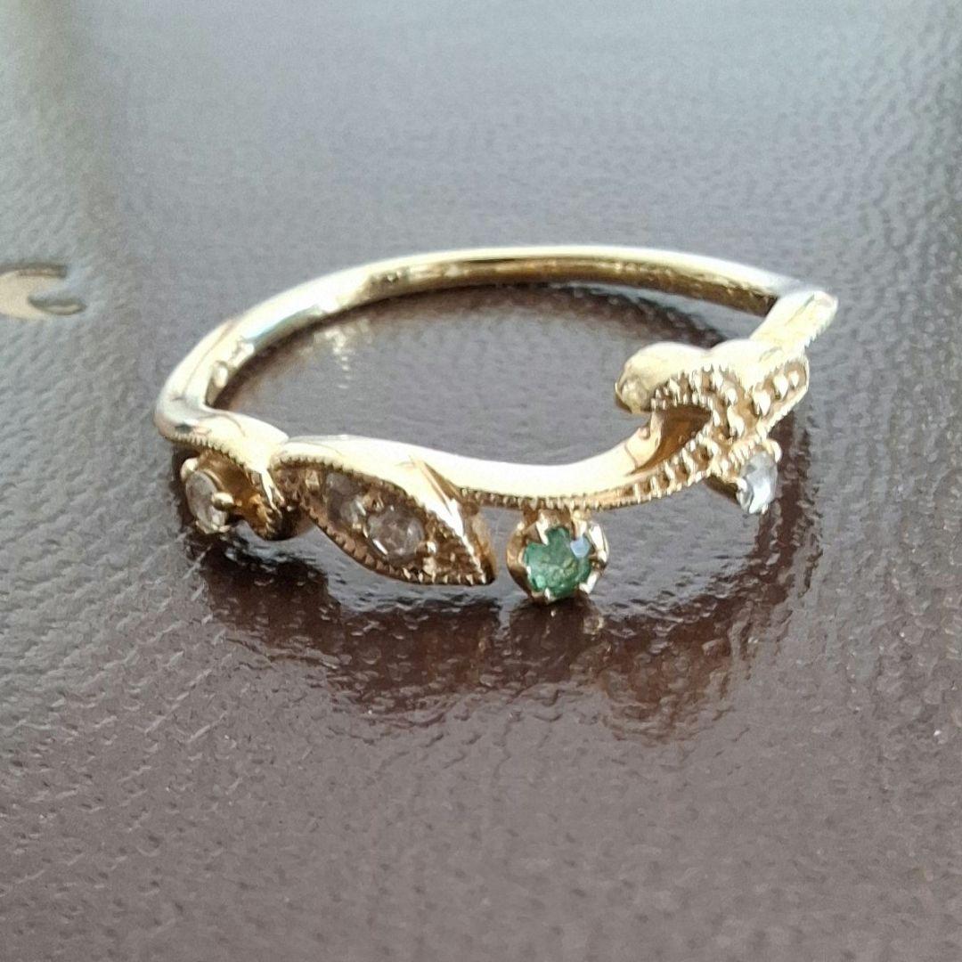 K18YG リング ローズカット ダイヤ　エメラルド　リーフ　ベーネベーネ