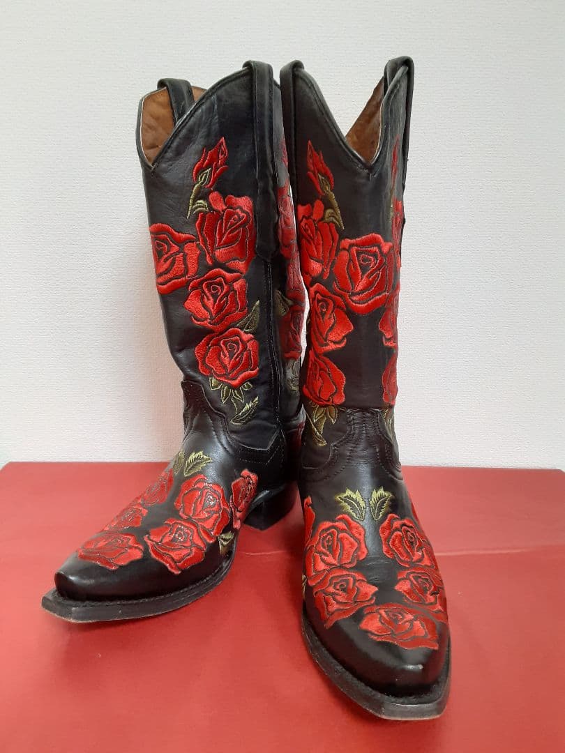 バラ刺繍 黒 レザー ウエスタンブーツ　23.5