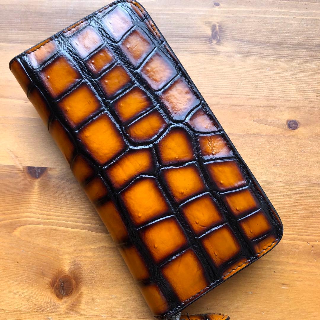 本物　クロコダイル　シャムワニ長財布 ワニ革 一枚革　 キャメル