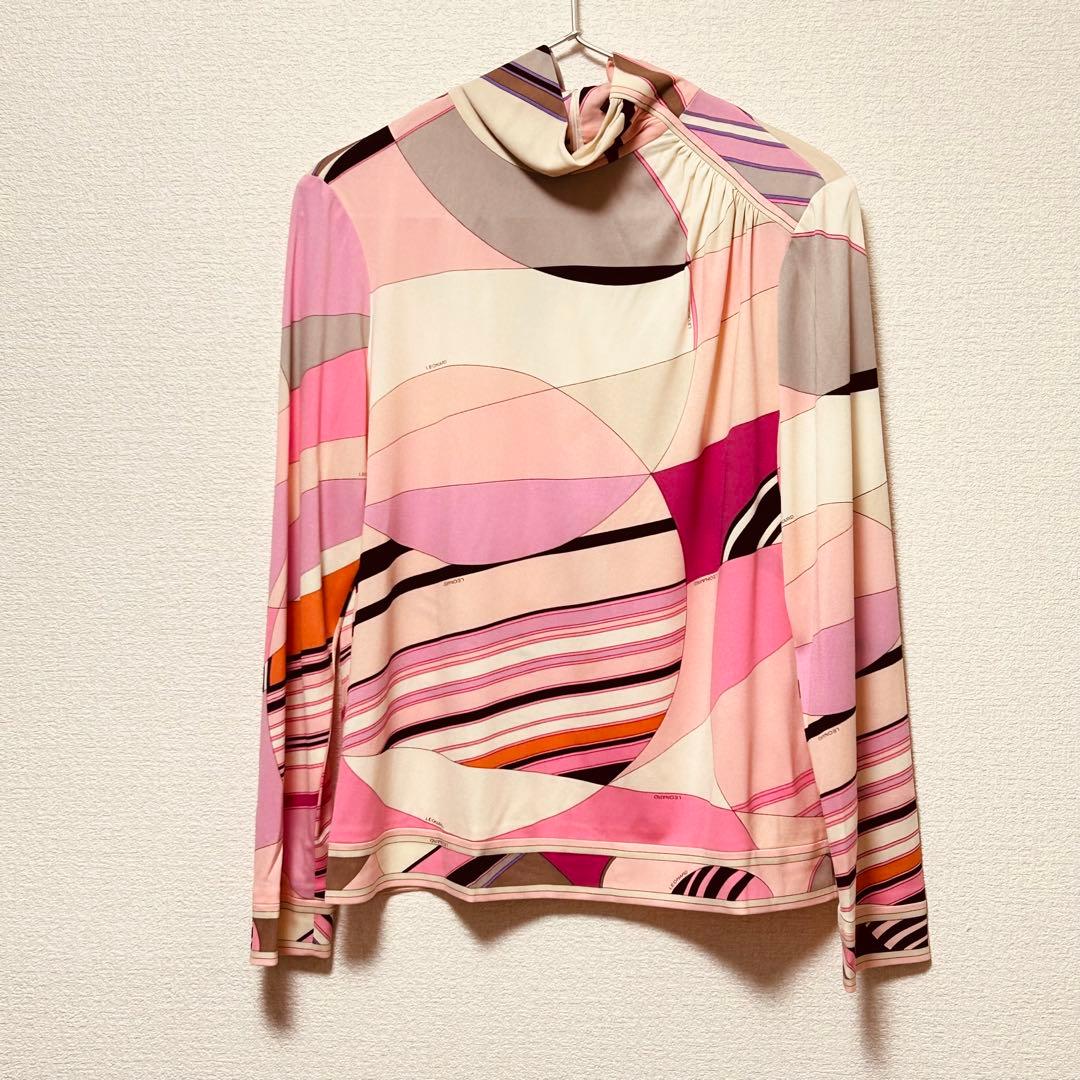 美品 レオナール　ブラウス　長袖　カンカン素材　ピンク　トリム　XL相当