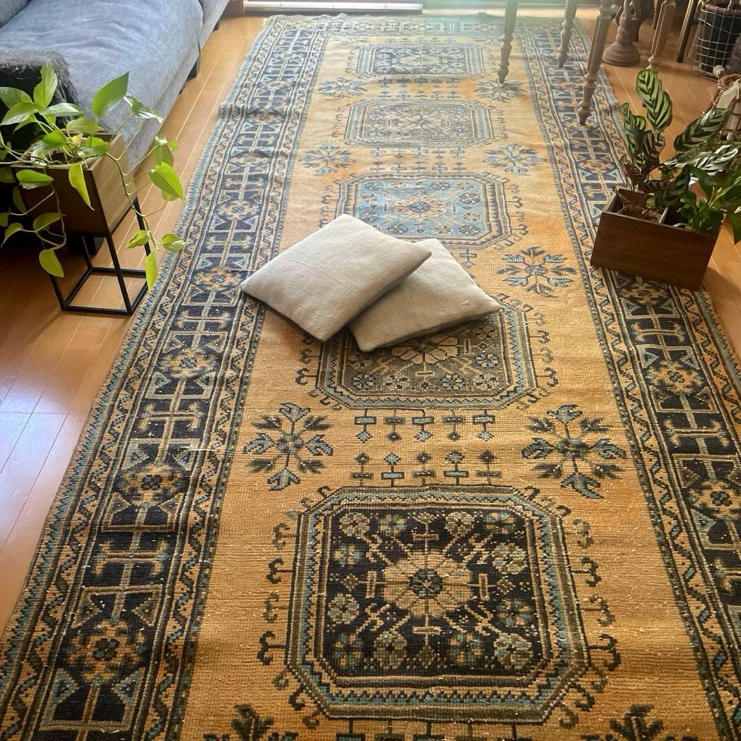 超特大140×366 くすみイエローベージュ　ボタニカル　トルコヴィンテージラグ