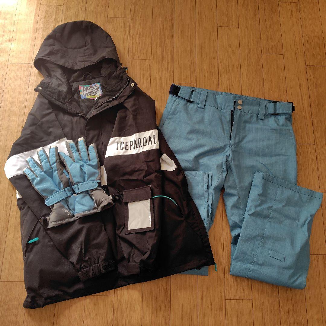 ICEPARDAL スキーウェア　上下セット 黒 水色 手袋付き
