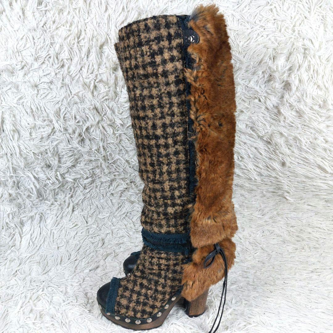 美品 定価17.5万 CHANEL ココマークツイード ファーレザーロングブーツ