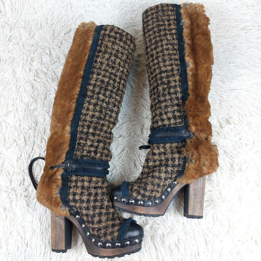 美品 定価17.5万 CHANEL ココマークツイード ファーレザーロングブーツ