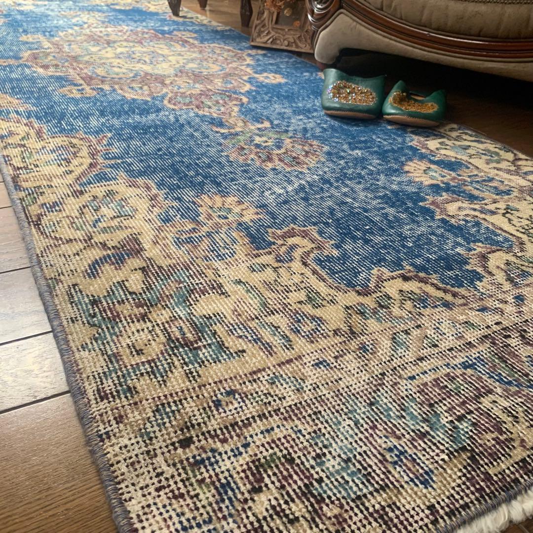 トルコヴィンテージラグ　ロングランナー　220×72.5 ネイビーブルー