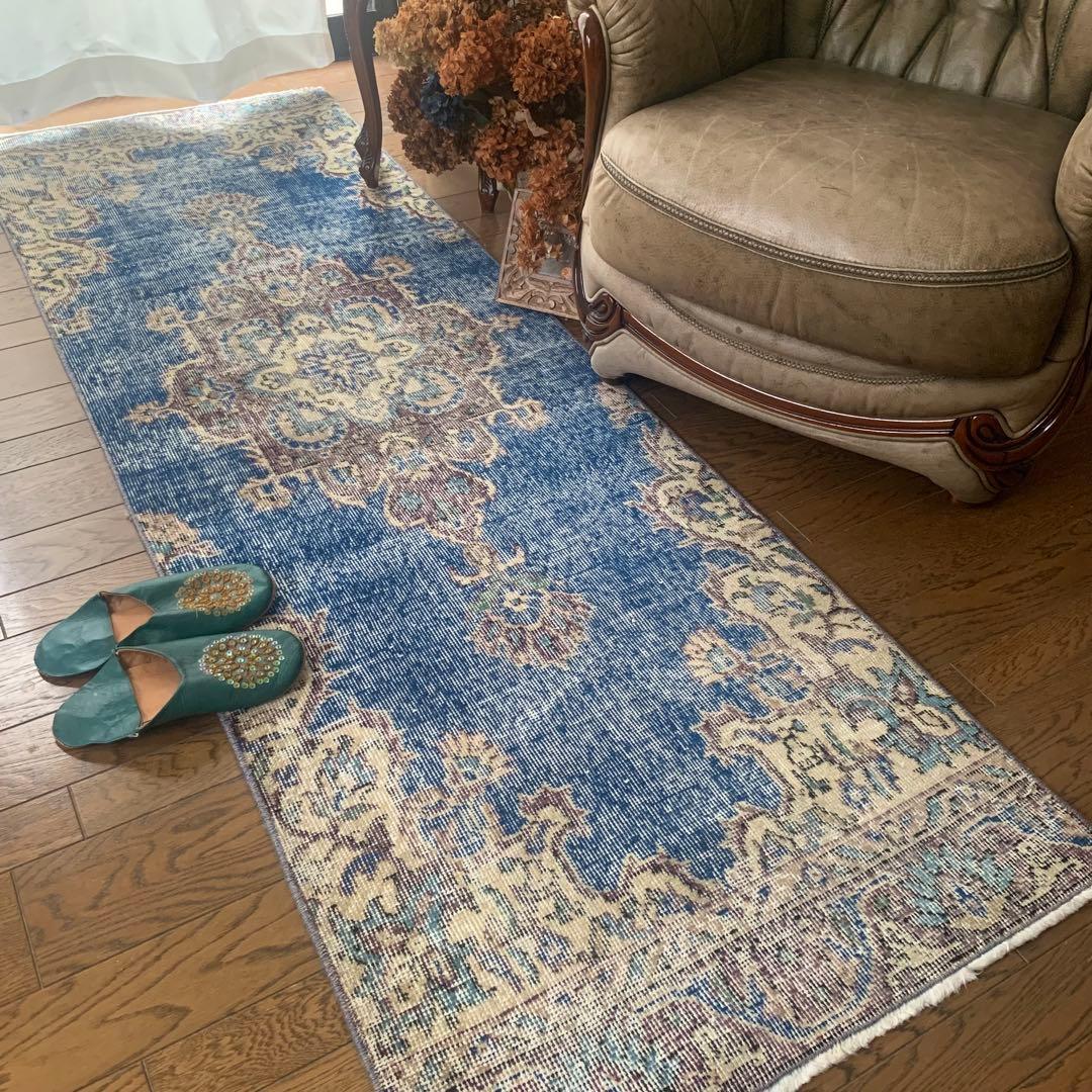 トルコヴィンテージラグ　ロングランナー　220×72.5 ネイビーブルー