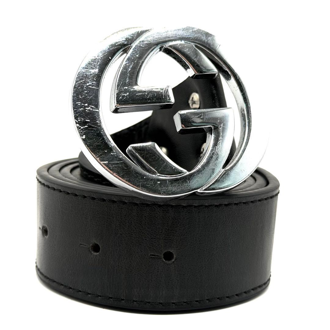 極美品✨ GUCCI ベルト 黒 インターロッキング　シルバー金具 ダブルG