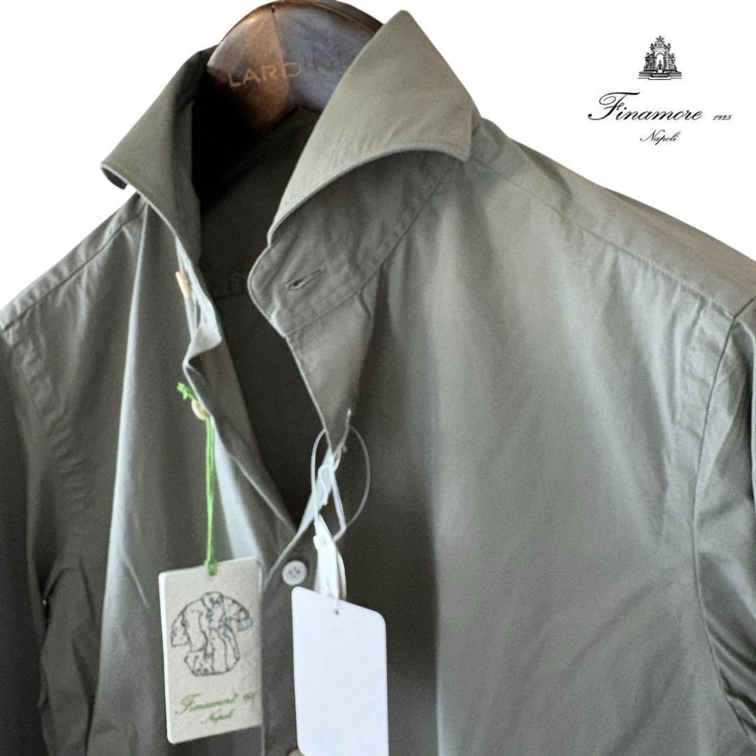 未使用/4.6万円/Finamore/オリーブ/ストレッチコットンシャツ