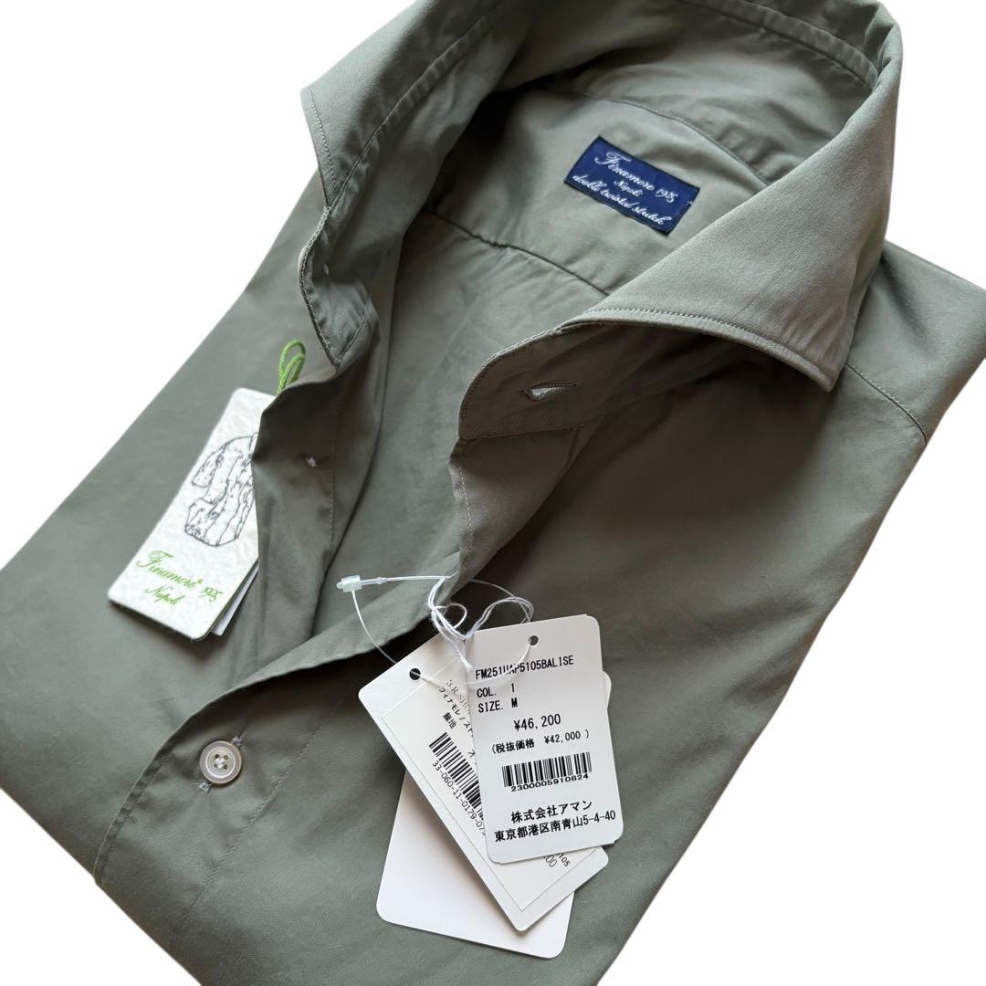 未使用/4.6万円/Finamore/オリーブ/ストレッチコットンシャツ