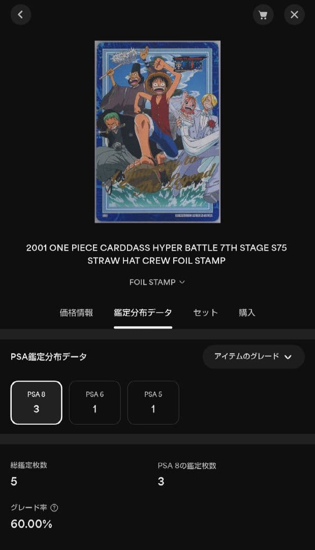 ワンピース ハイパーバトルカードダス 箔押 ルフィ海賊団 冒険の始まり PSA8