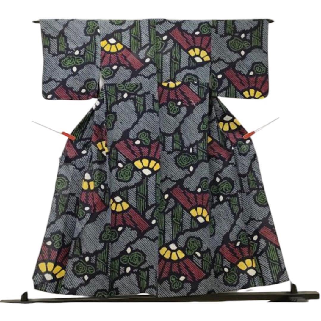 C1 希少✨レア✨高級 有松鳴海総絞り 扇子柄　総柄　レトロ浴衣 濃紺　藍色