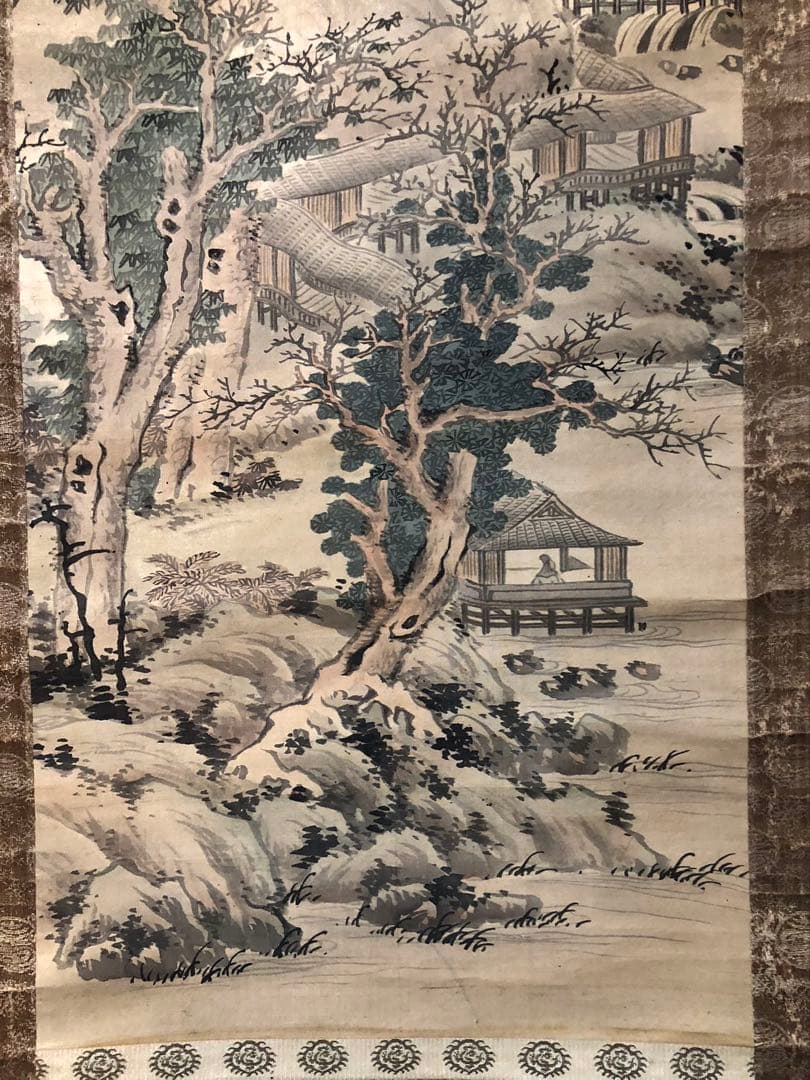 掛け軸２点／84、85［山水楼亭之図］＆［赤牡丹］肉筆　木箱無し！