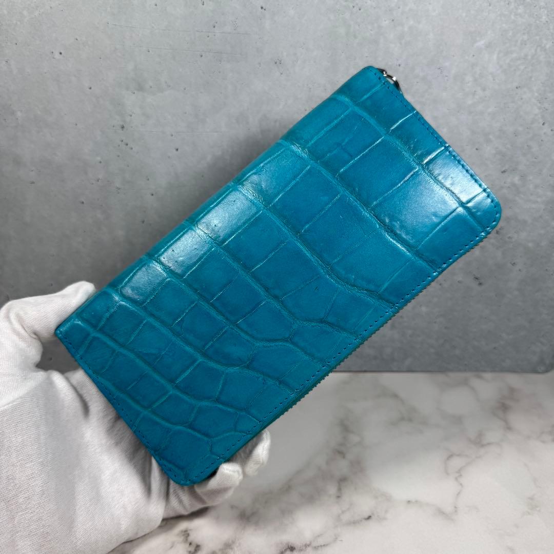 クロコダイル 長財布 ターコイズブルー マット仕上げ シルバーファスナー