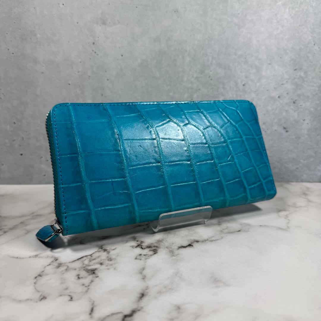 クロコダイル 長財布 ターコイズブルー マット仕上げ シルバーファスナー