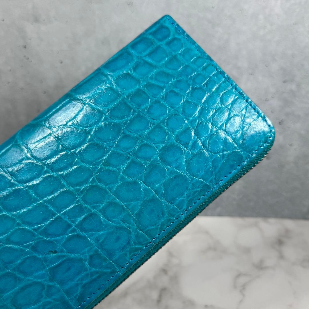 クロコダイル 長財布 ターコイズブルー マット仕上げ シルバーファスナー