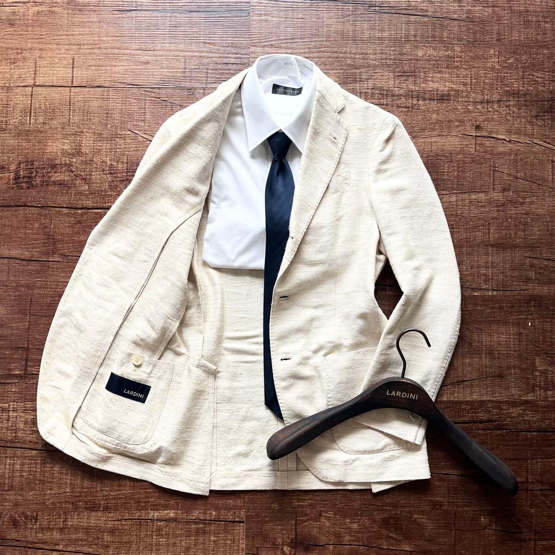 <美品>LARDINI シルク100% 春夏 ホワイト ジャケット サイズ42
