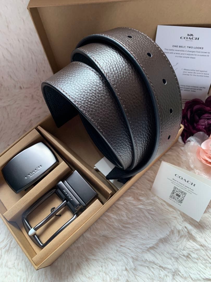 新生活応援☆COACH リバーシブルレザーベルト ブラック ダークブラウン