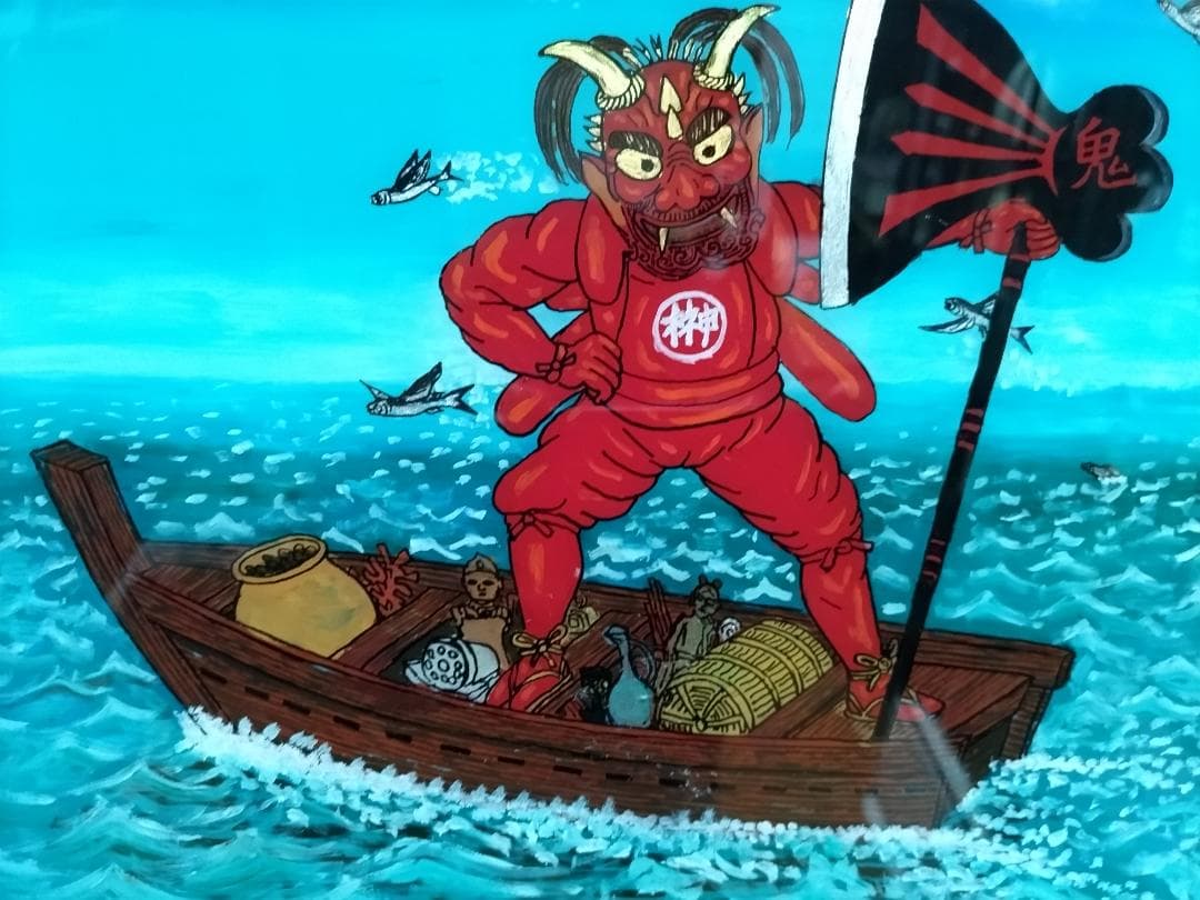 斎藤吾朗画伯　招福神「榊鬼の船」ガラス絵