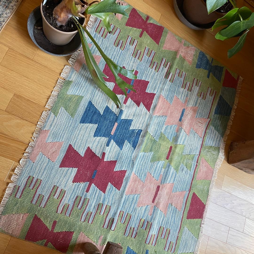 109×85㎝◇トルコヴィンテージキリムラグ◇ブルーベース　カラフル1188