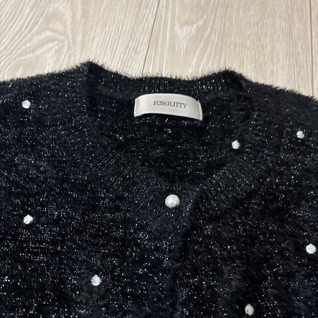 完売★新品！JUSGLITTY ドット刺繍カーディガン　ブラック×ホワイト　ラメ