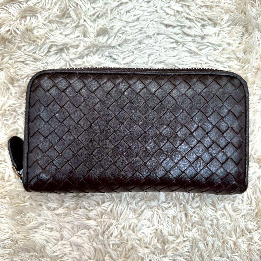 【美品】ボッテガヴェネタ 長財布 ラウンドファスナー ブラウン イントレチャート