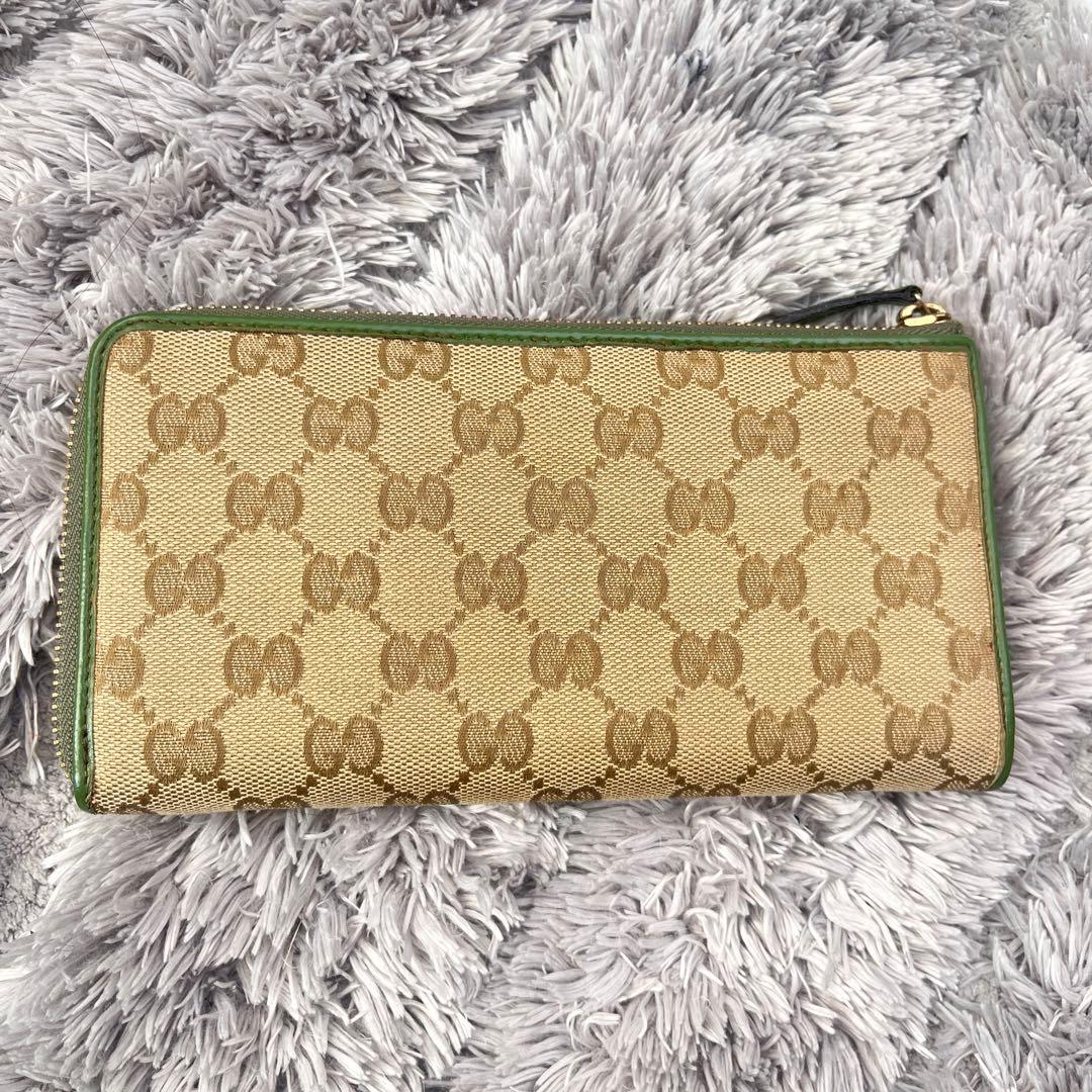 GUCCI ✨GGキャンバス　L字ファスナー　グリーン　長財布　ラウンドジップ