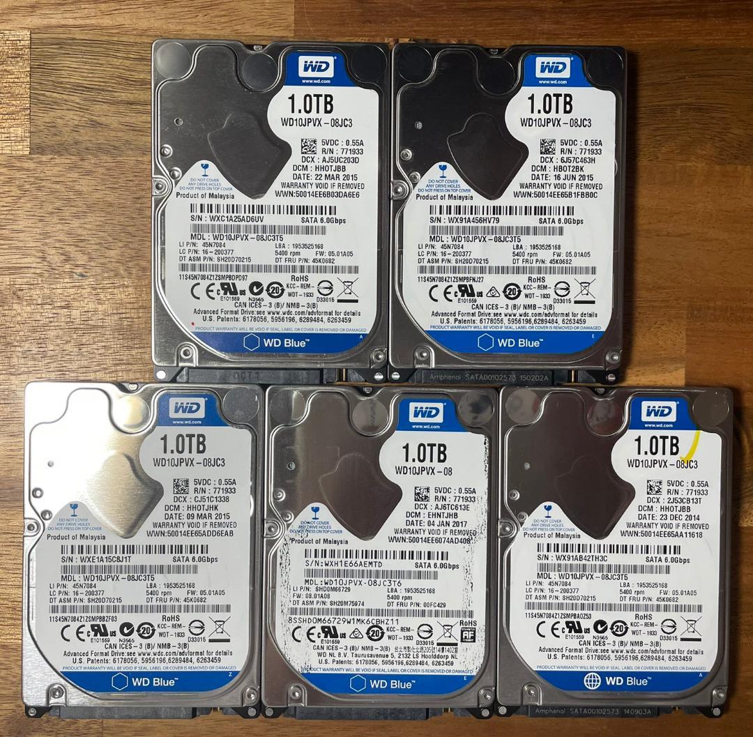 5枚セット WDC 2.5インチ HDD 1TB 厚さ9mm