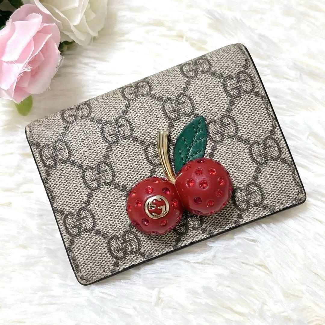 GUCCI ストーン抜けなし チェリー さくらんぼ 二つ折り財布 GG柄