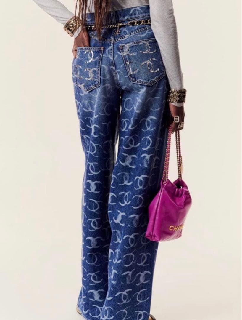 CHANEL ワイドデニムパンツ ロゴ 36 ウエスト滑り止め加工付き丈詰め