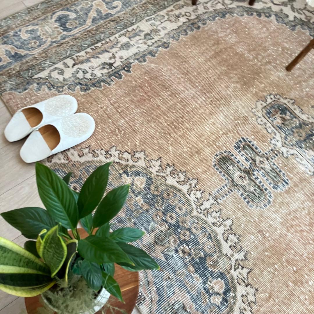 額縁メダリオン✳︎130×215コーラルピンク　ブルー　トルコヴィンテージラグ