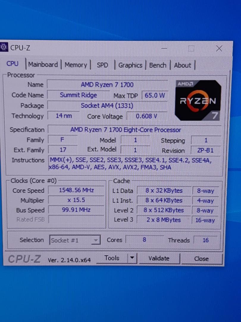 自作PC　Ryzen7 1700・8GB・256GB・GTX650Ti
