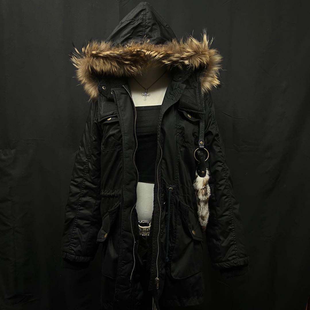 平成ギャル　y2k グランジ　ファー付き　モッズコート　ブラック　ギミック