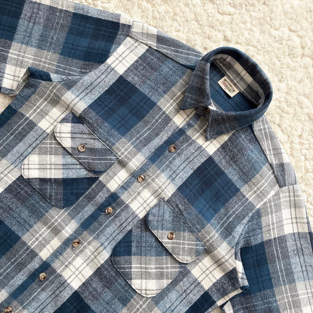 美品80s90sUSA製FIVE BROTHERネルシャツ 青×グレーチェックM
