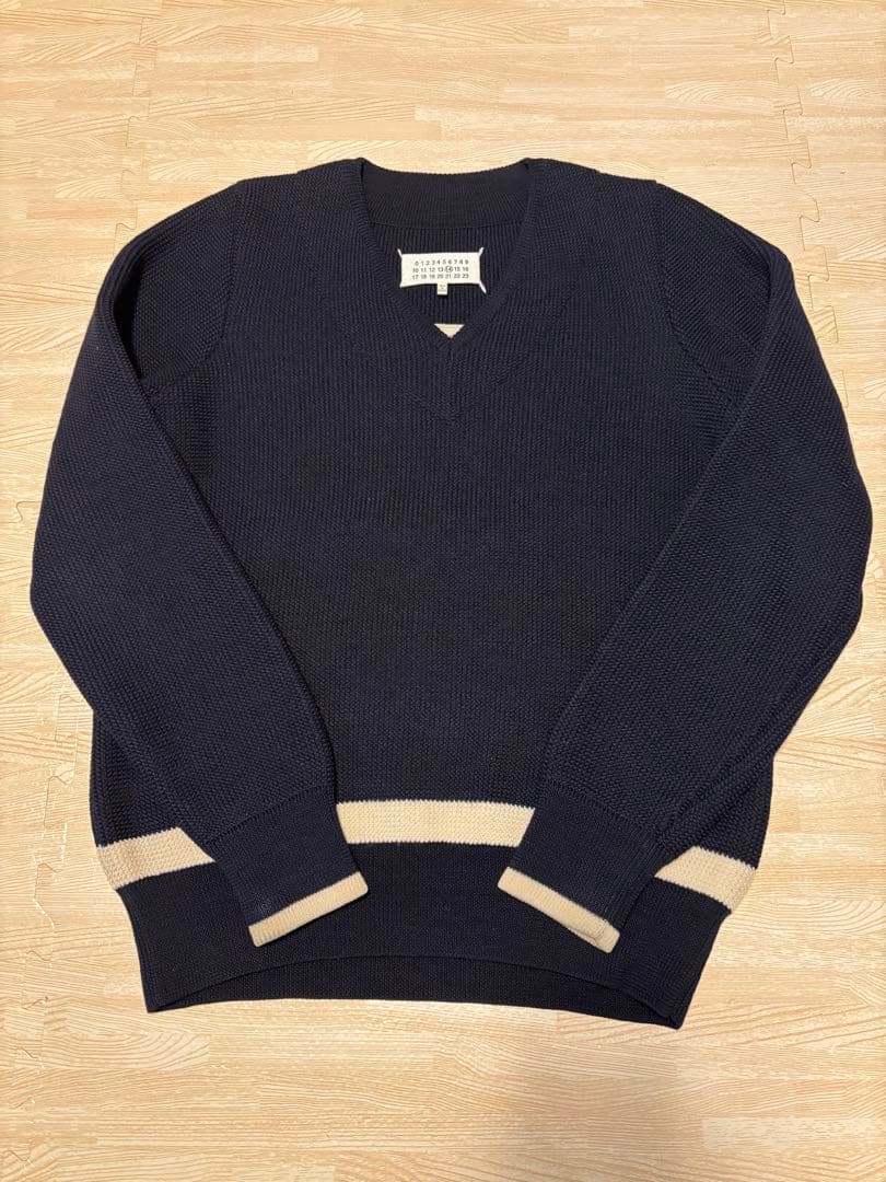 マルジェラ14 REPLICA ローゲージVネックニット Sサイズ ネイビー