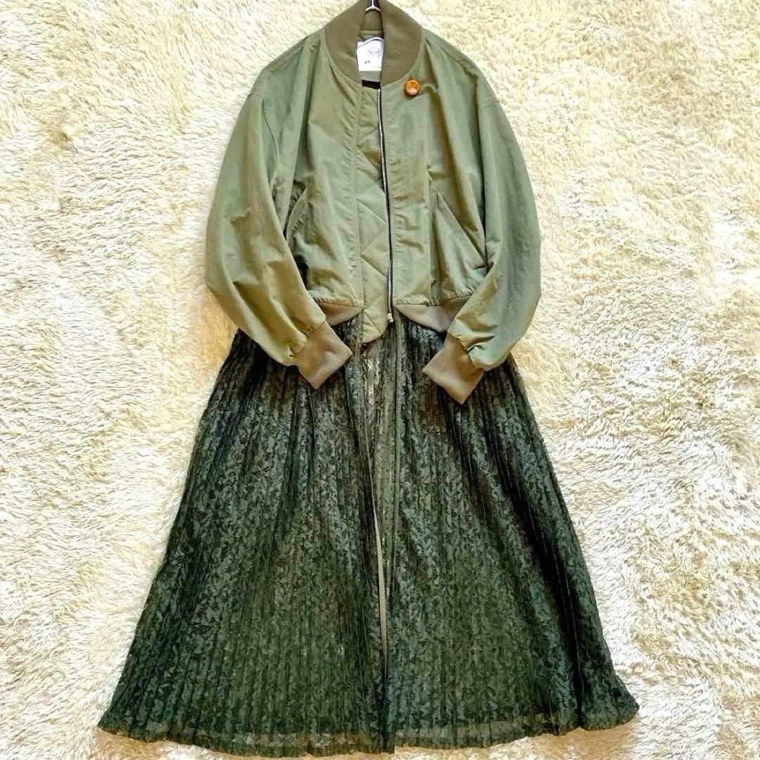 美品　Bedsidedrama プリーツレース　ブルゾン カーキ　ミリタリー　Ｆ