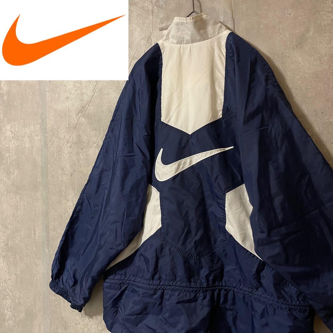 NIKEナイキナイロントラックジャケットブルゾン紺ネイビー白ホワイト刺繍ロゴ希少