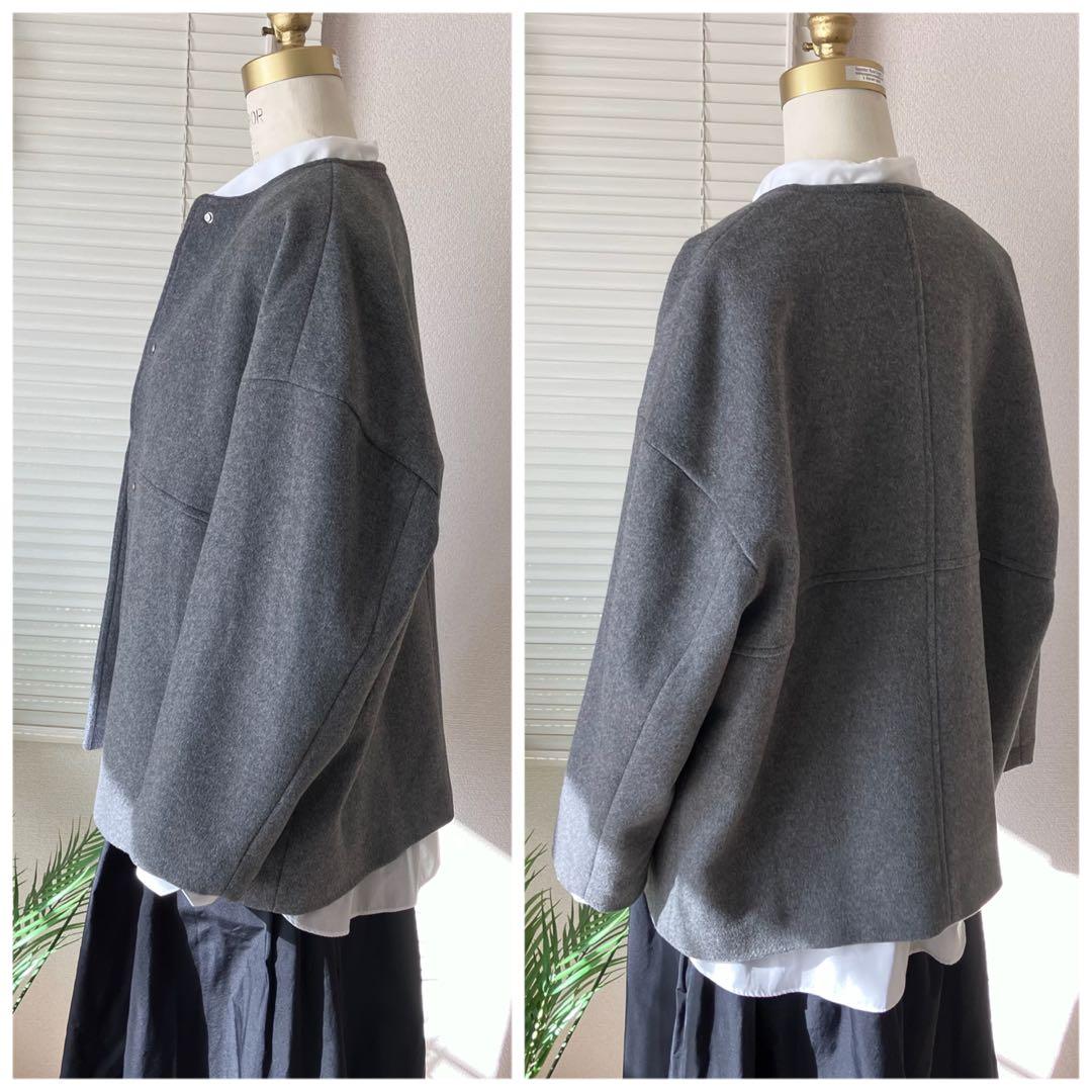 【美品】スーパー140ビーバーノーカラーショートコート 36 グレー