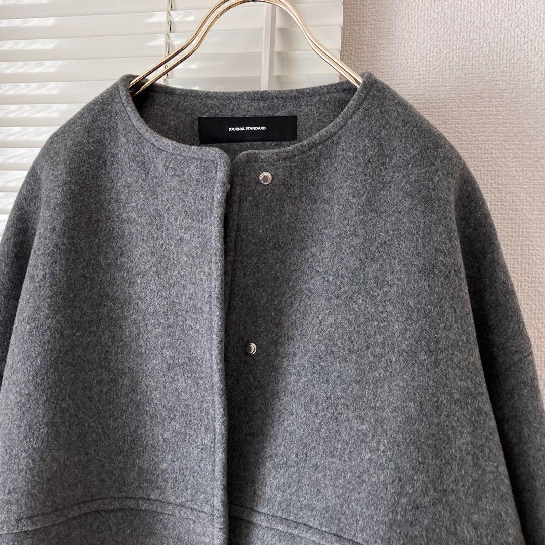 【美品】スーパー140ビーバーノーカラーショートコート 36 グレー