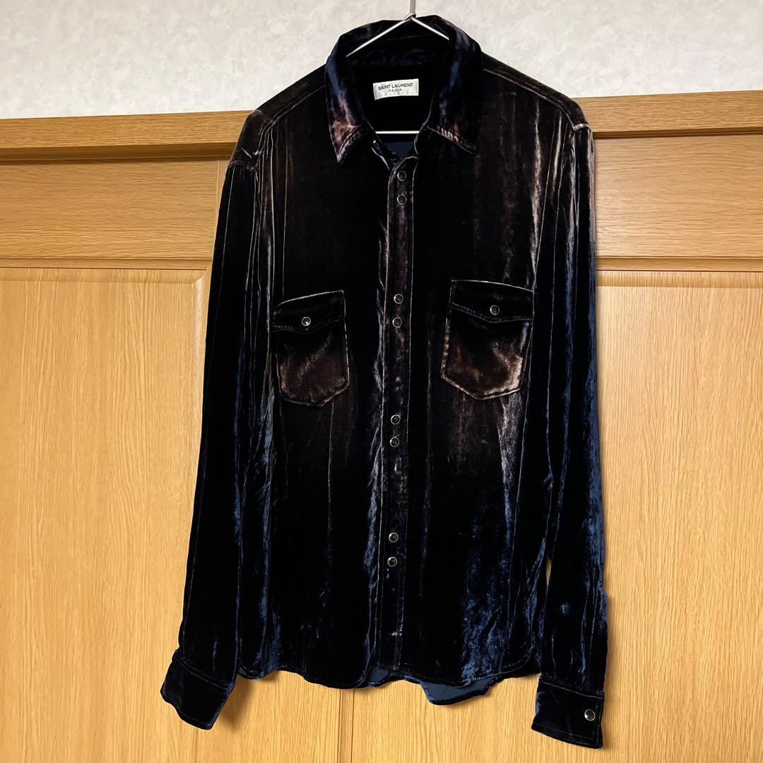 SAINT LAURENT　ダークブルー　ベロアベルベットシャツ　ほぼ新品　XL