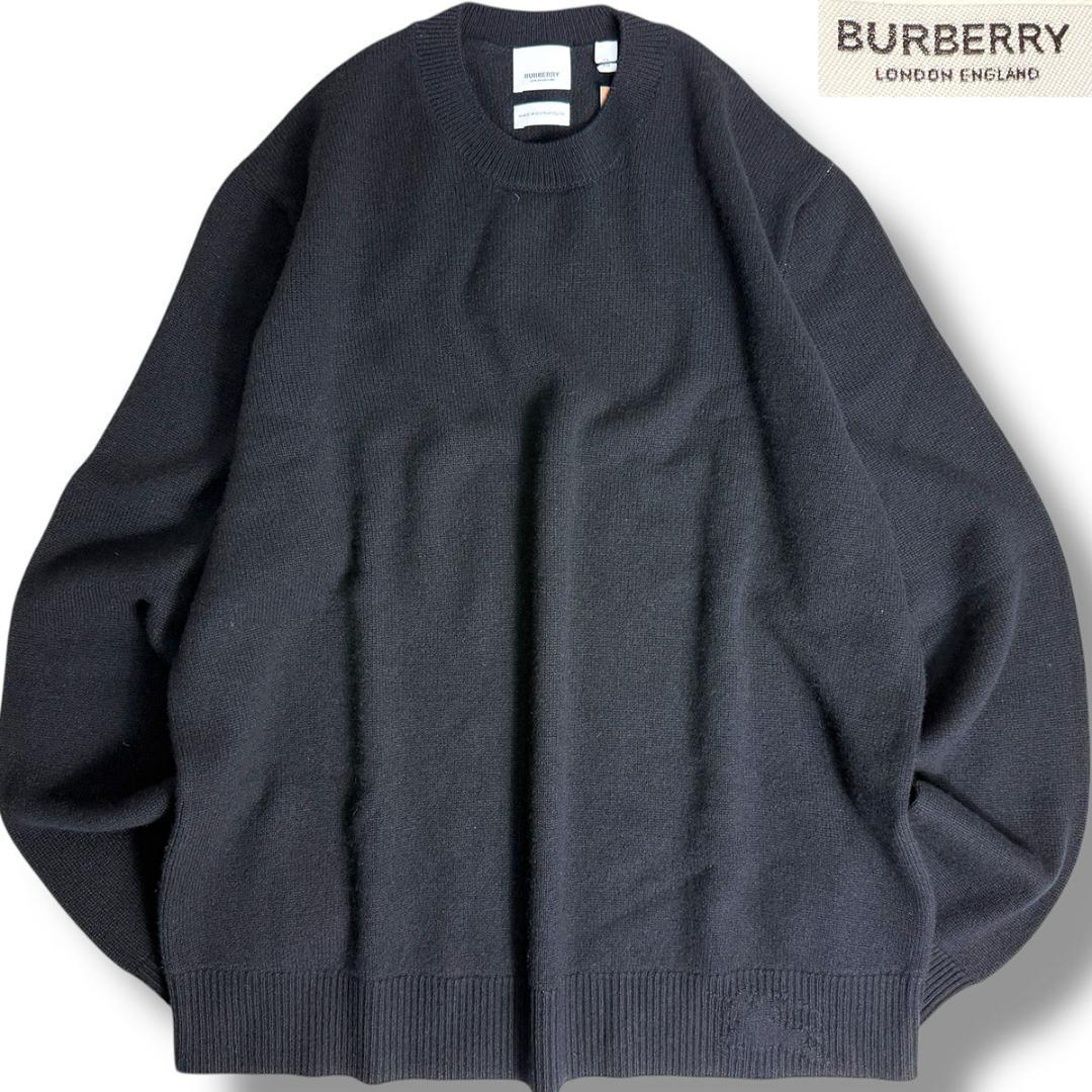 J6095新品バーバリーリブホースマークカシミヤ100％クルーネックニット黒XL