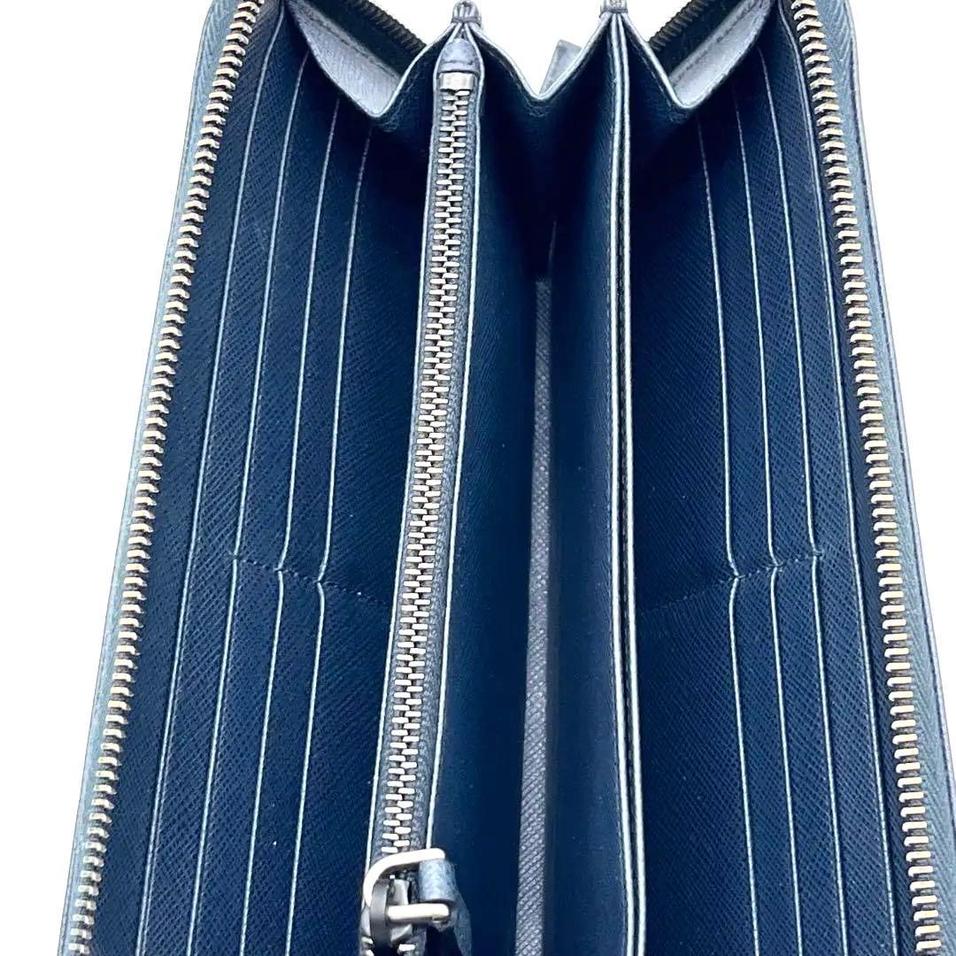 【極美品】PRADA ラウンドファスナー　サフィアーノレザー　ネイビー