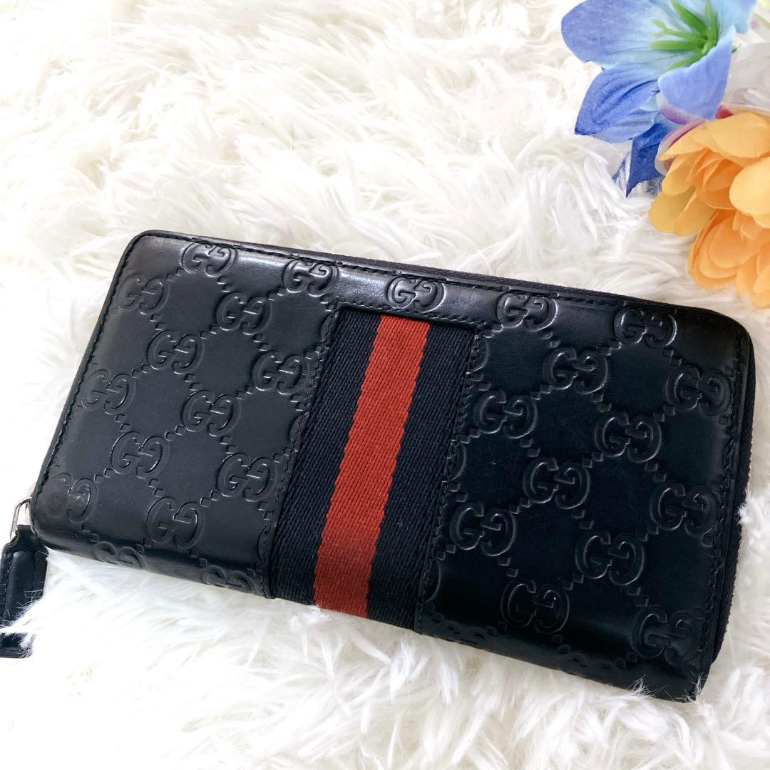 GUCCI 長財布 シェリーライン GG柄 シマレザー ネイビー