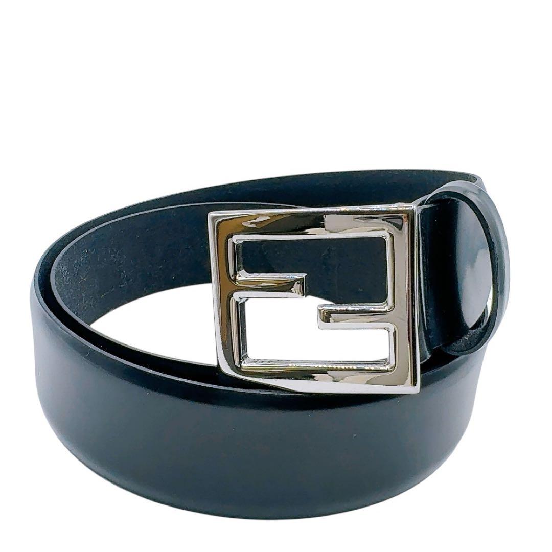 【良品】フェンディ ベルト レザー ブラック×シルバー FF ロゴ 革 ズッカ