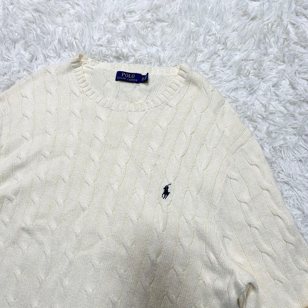 美品 大きめ 希少サイズ 近年 ポロラルフローレン ケーブルニット セーター 白