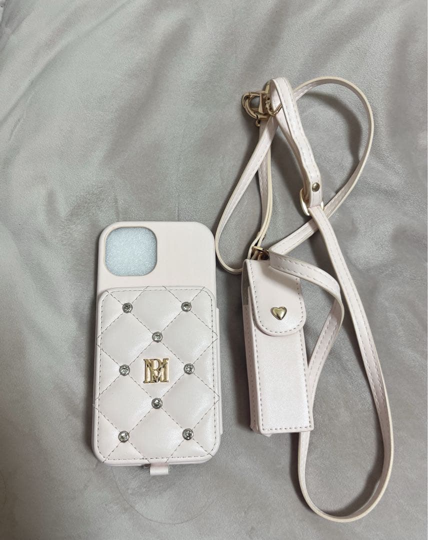 ロゼミューズiPhone15ケースピンク リップケース・ショルダーストラップ付き