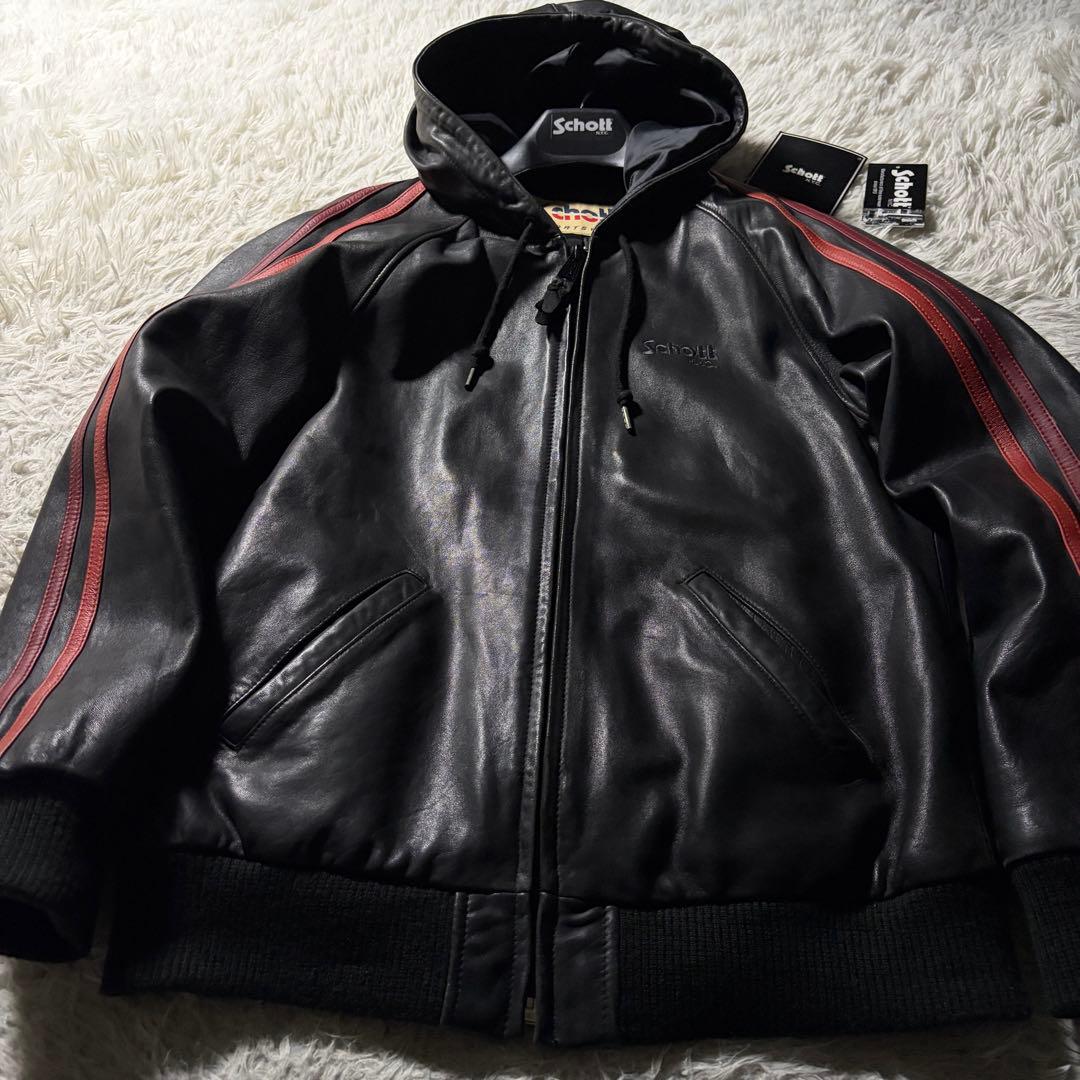 V*】様 美品■schott レザー トラックジャケットフーディ羊革　ブラック