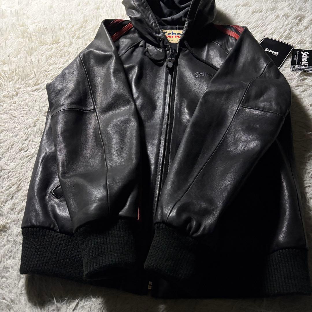 V*】様 美品■schott レザー トラックジャケットフーディ羊革　ブラック